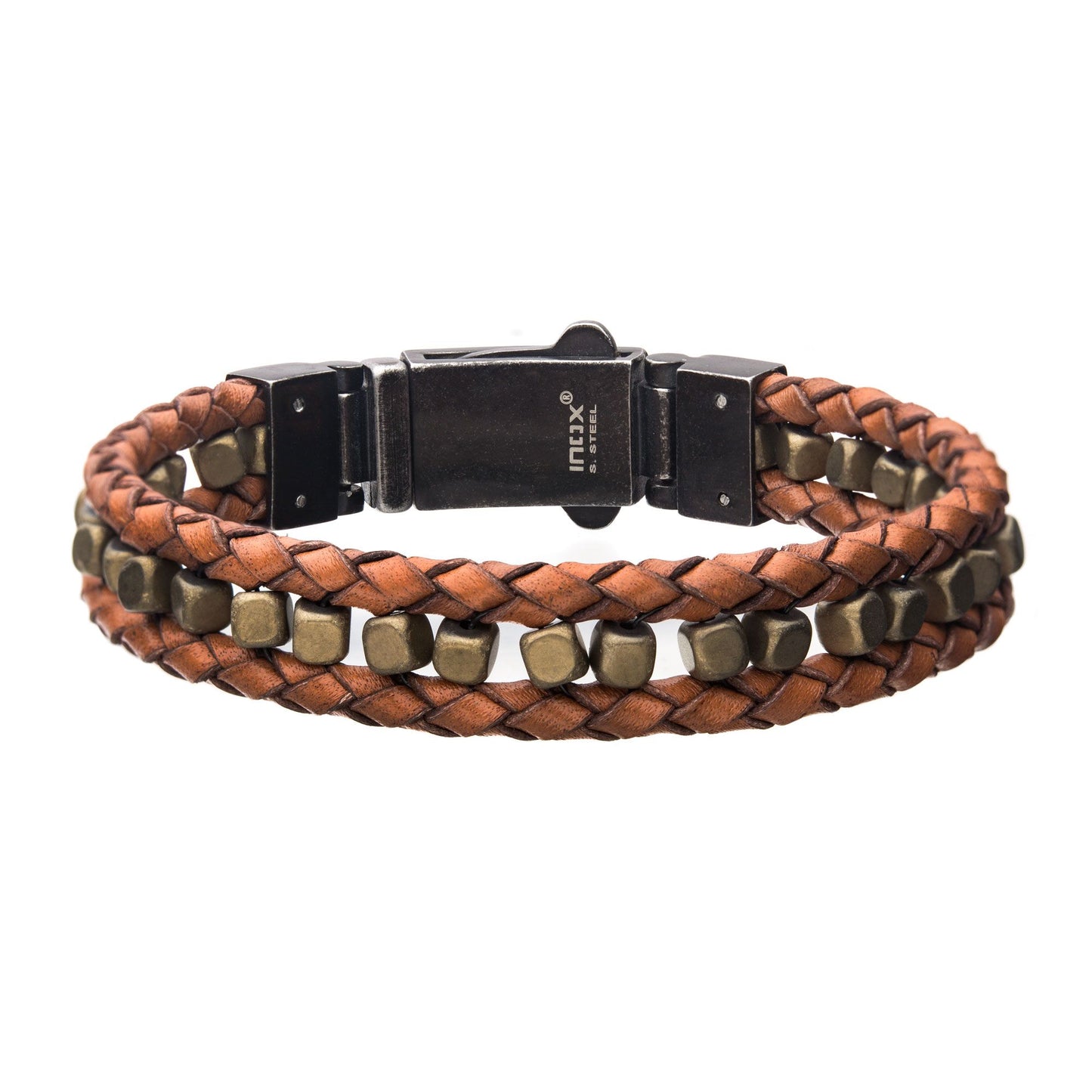 Brown Braided Leather with Gold Hematite Bead Bracelet