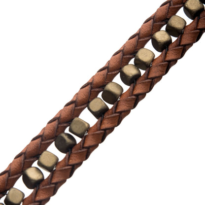 Brown Braided Leather with Gold Hematite Bead Bracelet