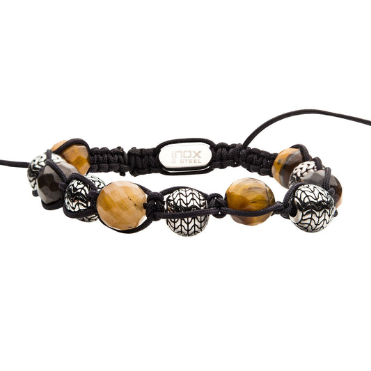 Stainless steel and tiger eye stone bead braided bracelet